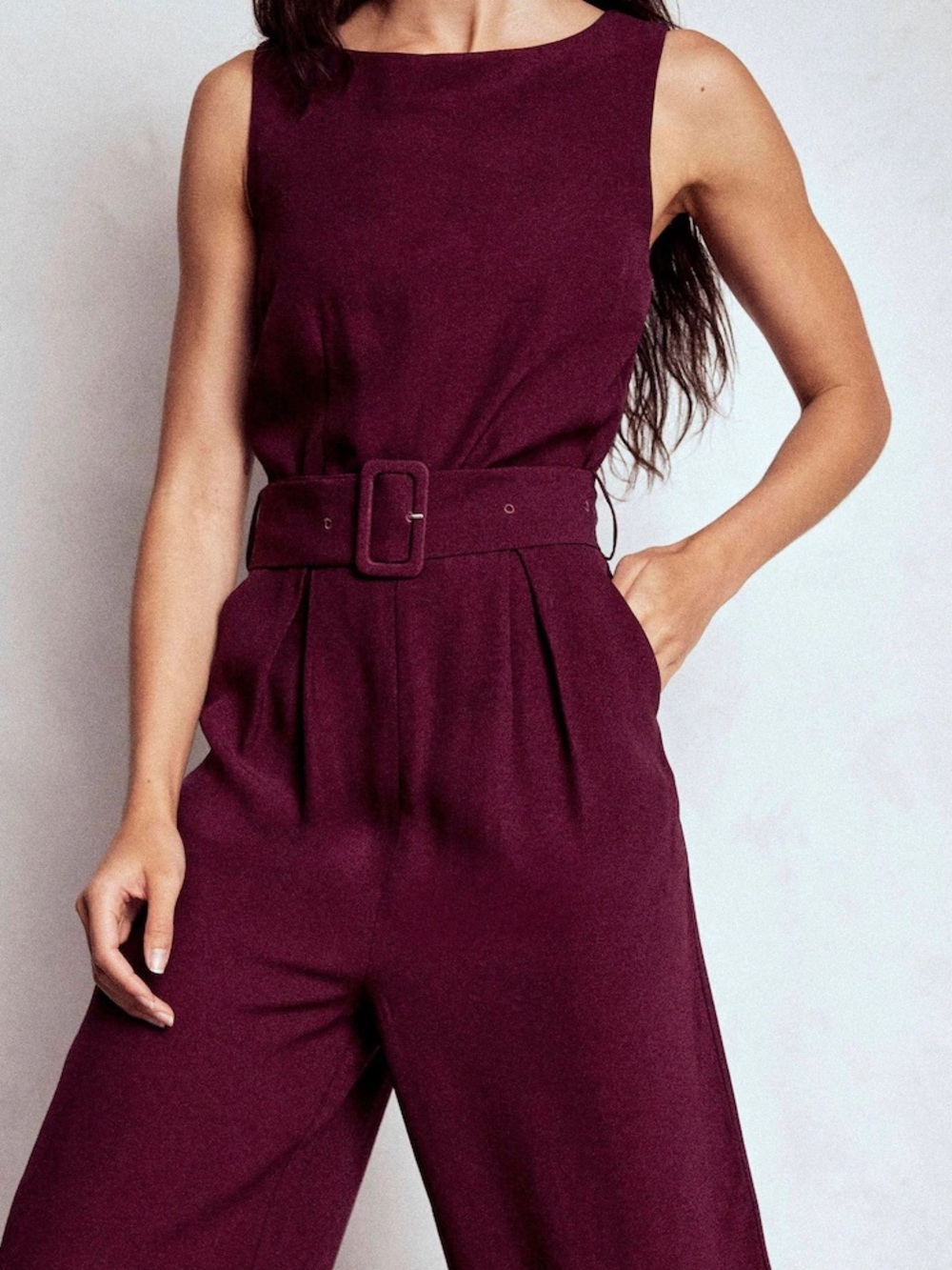 Boden • Gwen slash neck dark cherry belted jumpsuit